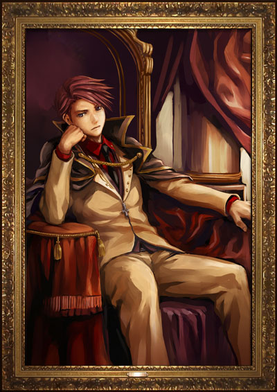 cape chair chin_rest cloak ekusa_takahito formal frame jacket male manly necktie official_art painting portrait red_hair redhead sitting spoilers umineko_no_naku_koro_ni ushiromiya_battler