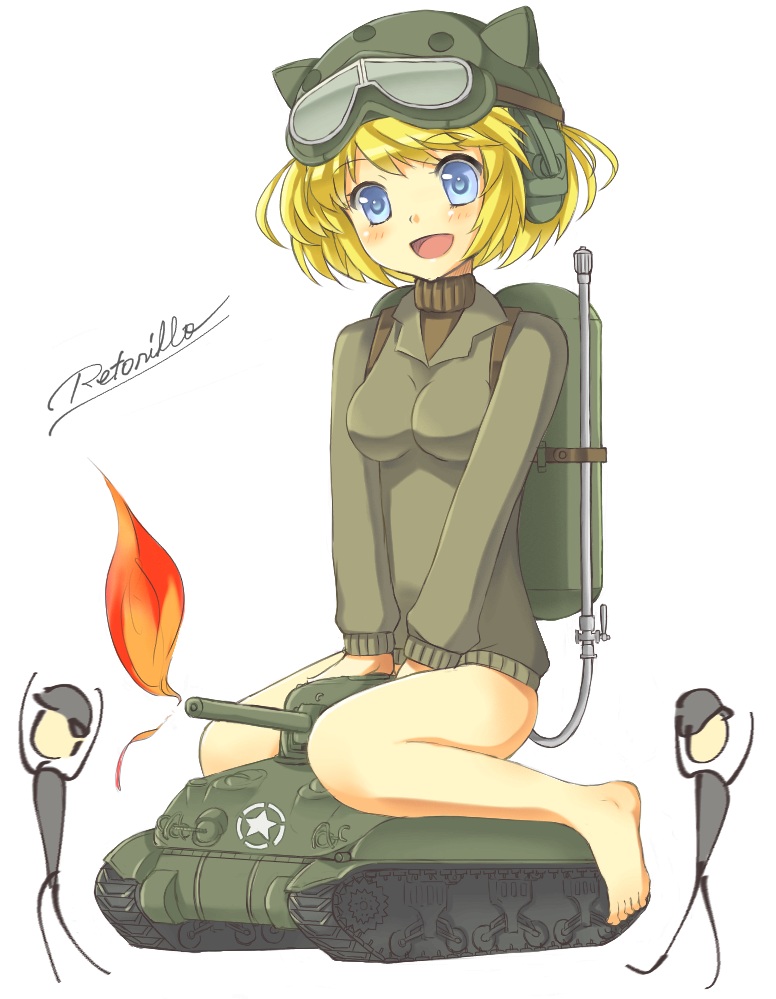 blonde_hair blue_eyes breasts caterpillar_tracks feet fire flamethrower goggles helmet m4_sherman mecha_musume military military_vehicle retorillo sherman sherman_(tank) short_hair sitting sweater tank vehicle weapon world_war_ii