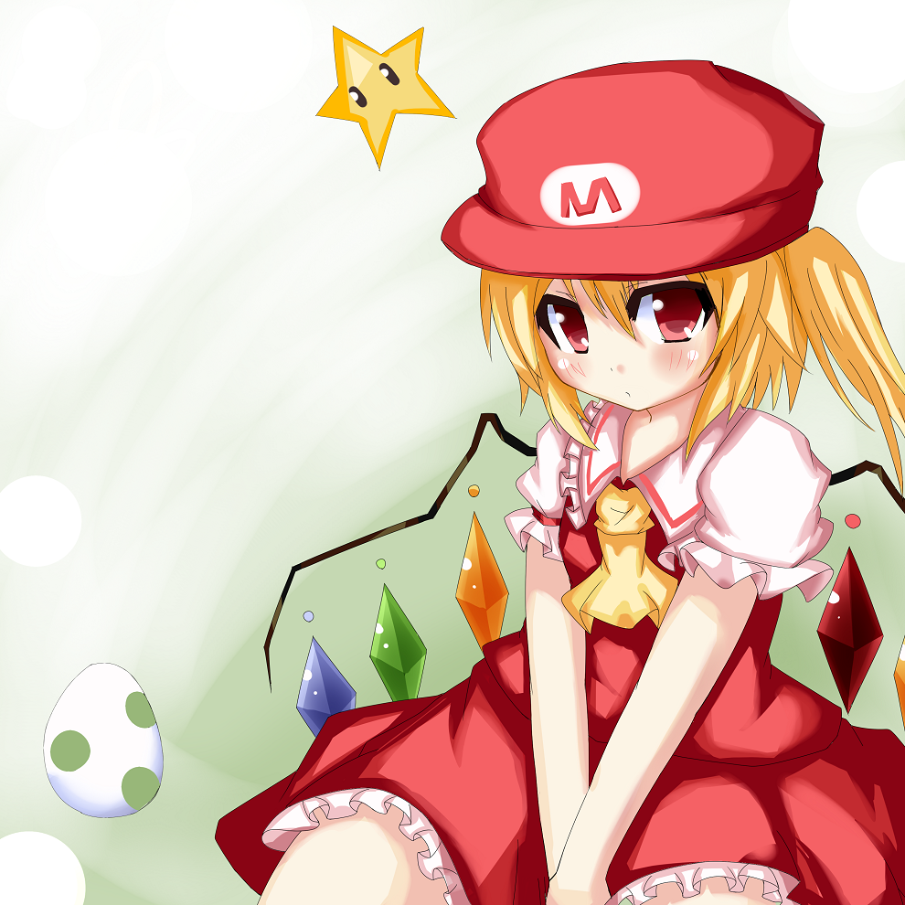 1girl ascot blush crossover egg flandre_scarlet hat super_mario_bros. ofukousu puffy_sleeves red_eyes short_sleeves side_ponytail simple_background skirt skirt_set star starman_(mario) super_mario_bros. touhou wings yoshi_egg