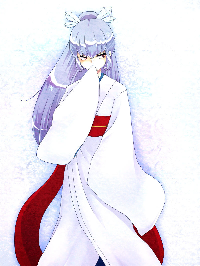 1girl cappuccino1 japanese_clothes kimono long_hair oyuki_(urusei_yatsura) ponytail purple_hair red_eyes solo urusei_yatsura
