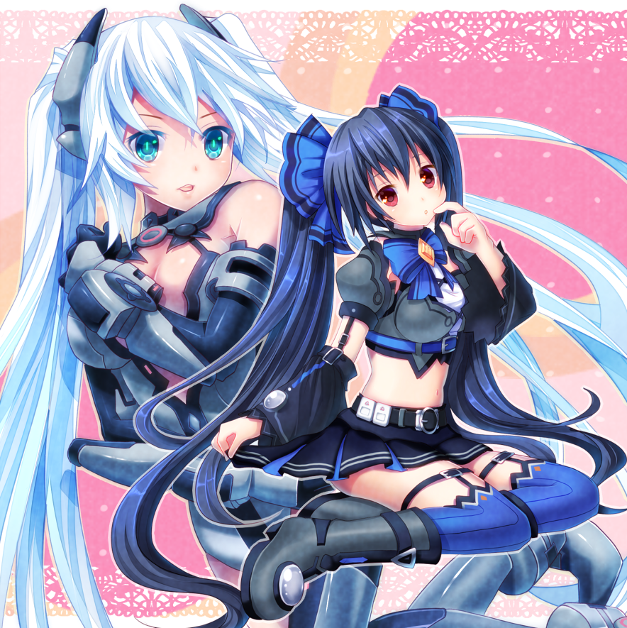 2girls black_hair black_heart blue_eyes blue_hair blue_legwear boots breasts choujigen_game_neptune detached_sleeves dual_persona elbow_gloves gloves kami_jigen_game_neptune_v long_hair looking_at_viewer monchi_(kashiwa2519) multiple_girls navel noire red_eyes skirt solo thigh-highs thigh_boots twintails very_long_hair