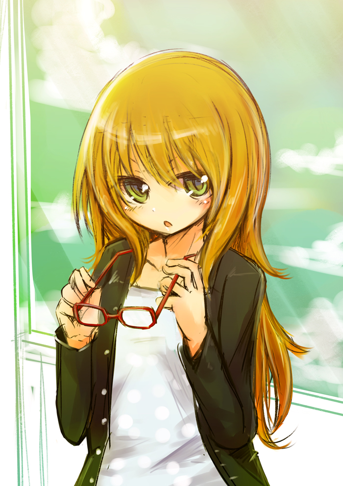 1girl glasses glasses_removed green_eyes ico_(green_bullet) long_hair looking_at_viewer solo
