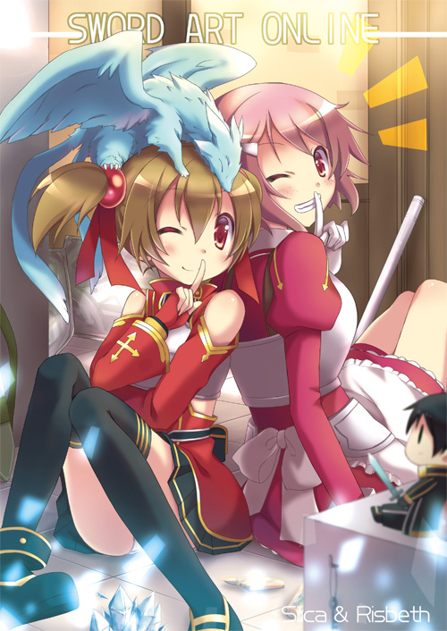 1girl 2girls apron back-to-back breastplate brown_hair character_doll dragon female fingerless_gloves gloves kirito lisbeth male multiple_girls pina_(sao) pink_eyes pink_hair red_eyes short_hair short_twintails silica sword_art_online thigh-highs tougo twintails