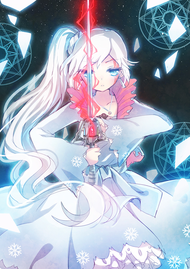 1girl blood blue_eyes broken_glass dress emia_wang glass jewelry long_hair magic_circle necklace ponytail rapier rwby snowflakes solo sword tagme weapon weiss_schnee white_hair