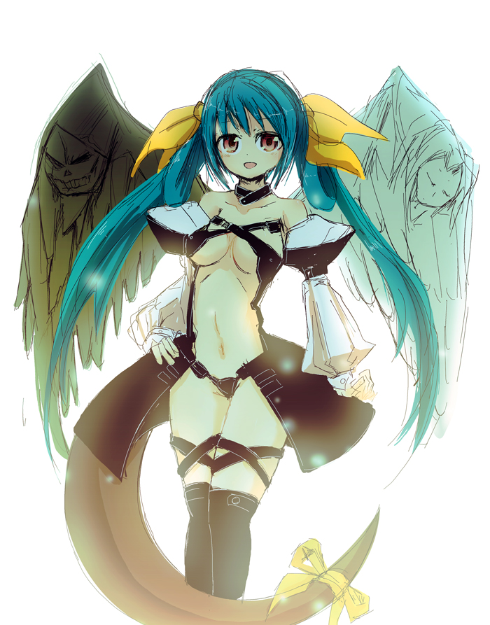 1girl asymmetrical_wings bare_shoulders blue_hair bow breasts choker dizzy guilty_gear hair_bow hand_on_hip ico_(green_bullet) long_hair open_mouth red_eyes ribbon solo tail tail_ribbon twintails wings