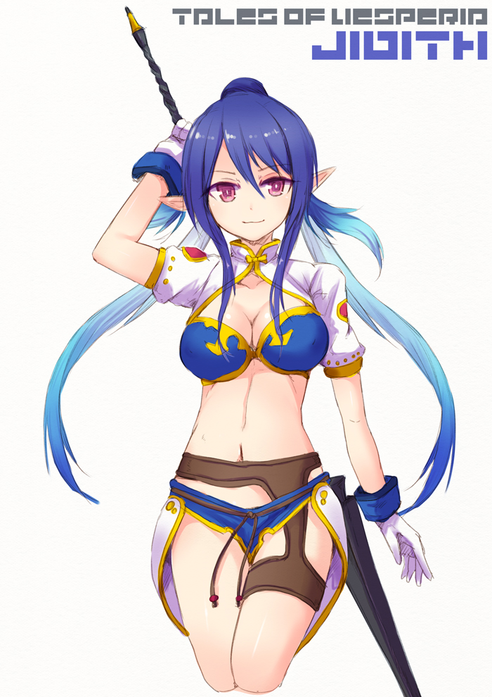 1girl blue_hair breasts cleavage copyright_name ico_(green_bullet) judith long_hair looking_at_viewer pointy_ears simple_background smile solo tales_of_(series) tales_of_vesperia violet_eyes white_background