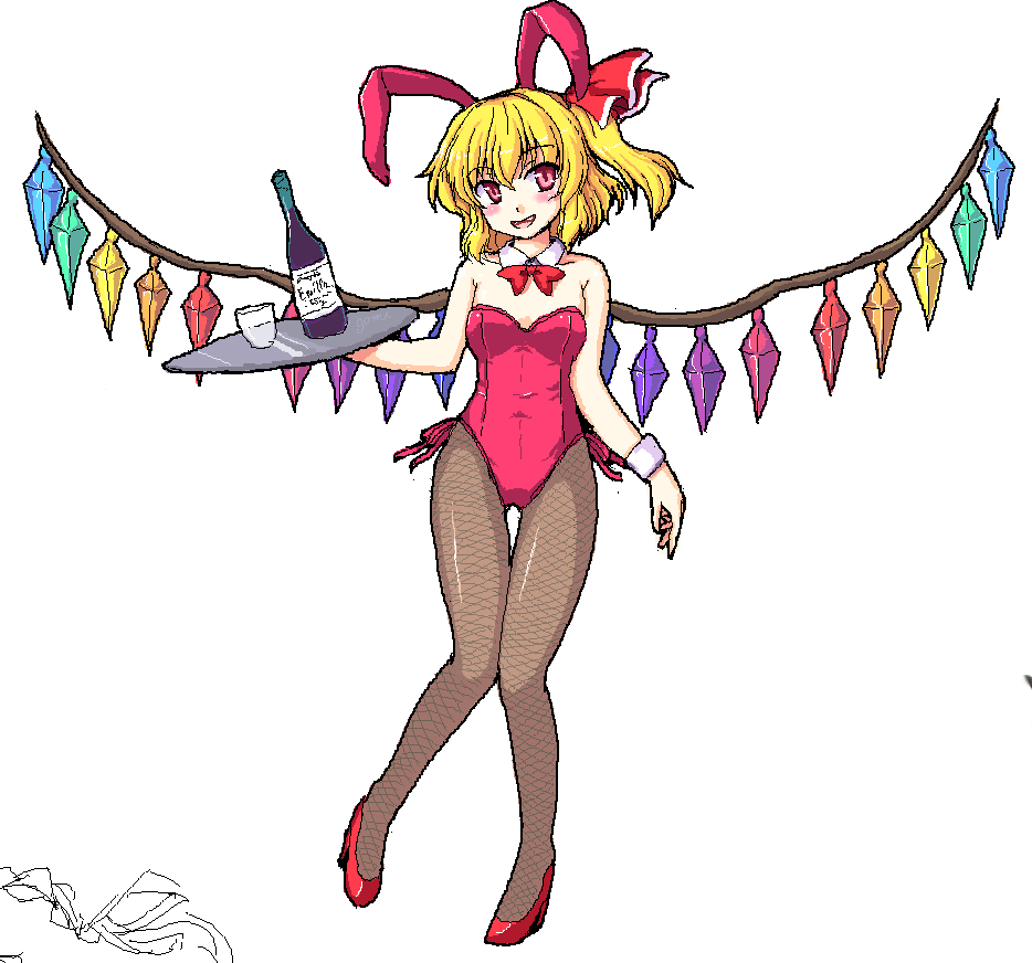 1girl alcohol animal_ears blonde_hair bottle bowtie breasts bunny_girl bunnysuit crystal cup detached_collar fishnet_pantyhose fishnets flandre_scarlet gomi_(gomitin) high_heels no_hat open_mouth pantyhose rabbit_ears red_eyes shoes short_hair side_ponytail smile solo touhou tray wine wings wrist_cuffs