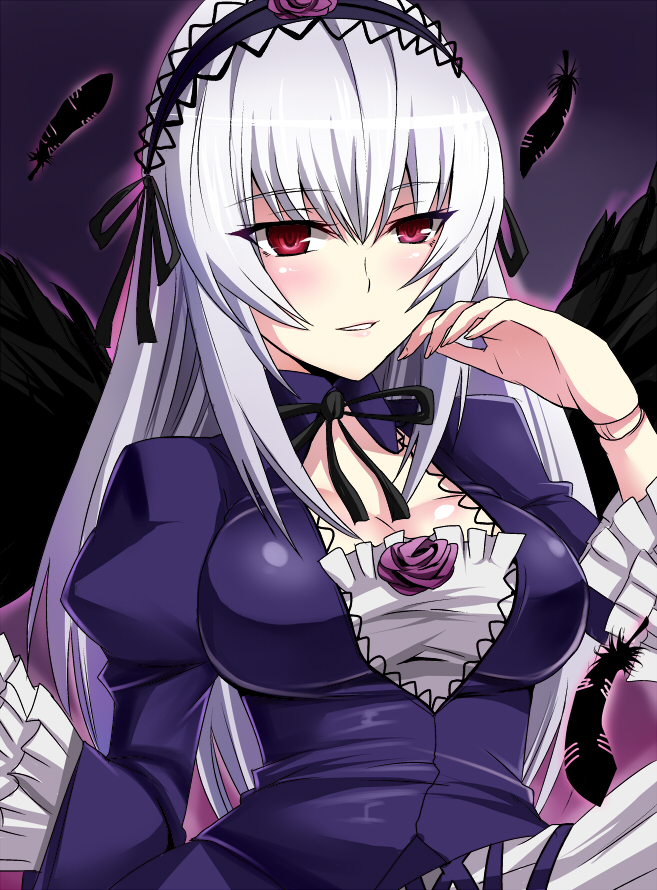1girl blush breasts doll_joints dress feathers fingernails flower frills gothic_lolita hairband lolita_fashion long_hair long_sleeves glasses_man puffy_sleeves red_eyes rose rozen_maiden silver_hair solo suigintou wings