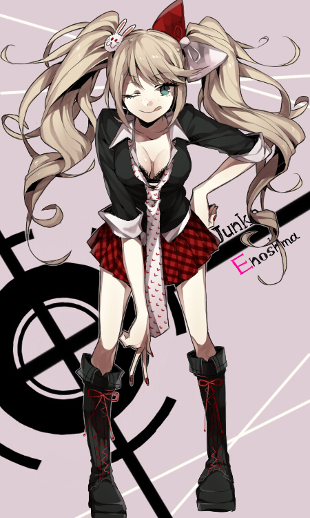 1girl :q blue_eyes boots bow character_name dangan_ronpa enoshima_junko hair_ornament long_hair necktie pink_hair rabbit school_uniform skirt sleeves_rolled_up smile solo tongue twintails wonoco0916