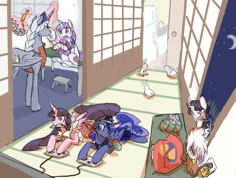 animal_ears animalization bandages bear_trap black_hair cutie_mark drinking eientei gilda headphones horn houraisan_kaguya inaba_tewi long_hair luna_(my_little_pony) magic microphone modern_warmare moon my_little_pony my_little_pony_friendship_is_magic pegasus playing_games pony rabbit rabbit_ears refrigerator reisen_udongein_inaba soda stool straw touhou unicorn white_hair wings yagokoro_eirin