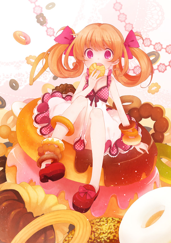 1girl bow curly_hair doughnut dress hair_bow koto_(colorcube) mister_donut open_mouth orange_hair original red_eyes red_shoes shoes sleeveless sleeveless_dress solo twintails
