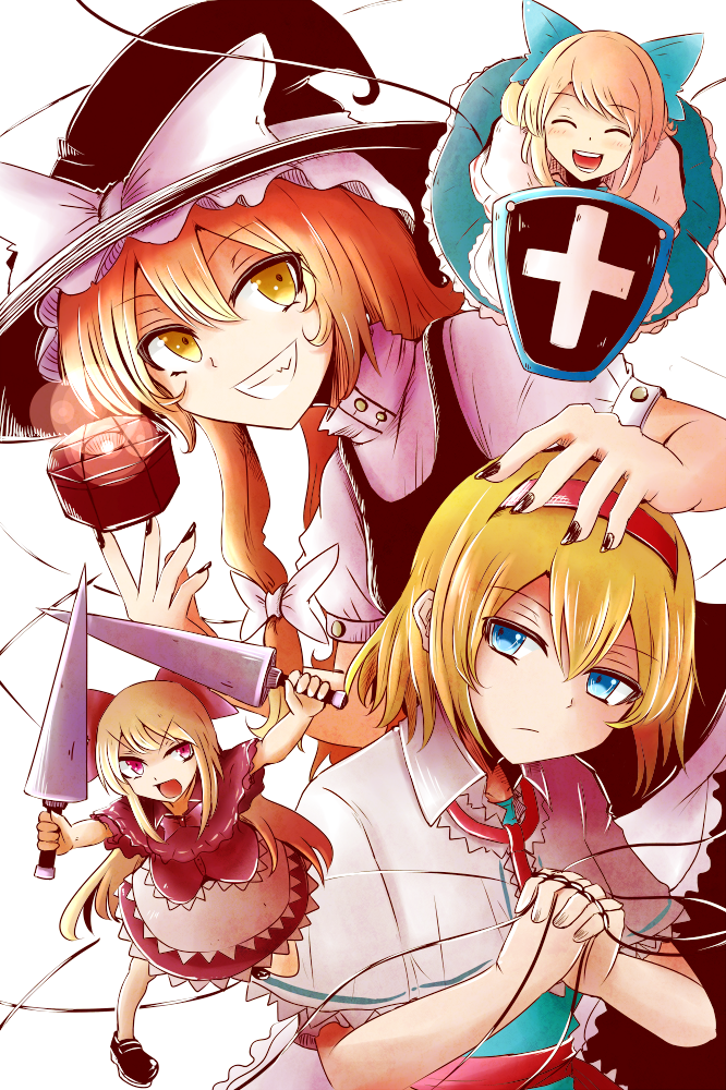 2girls alice_margatroid apron blonde_hair blue_eyes bow braid capelet closed_eyes cross dress dual_wielding frown grin hair_bow hairband hand_on_another's_head hands_together hat hat_ribbon high_collar hourai_doll interlocked_fingers kirisame_marisa lance long_hair looking_at_viewer mini-hakkero multiple_girls ne_kuro open_mouth polearm puppet_strings red_eyes ribbon sash shanghai_doll shield short_hair short_sleeves simple_background single_braid skirt skirt_set smile touhou waist_apron weapon white_background witch_hat yellow_eyes
