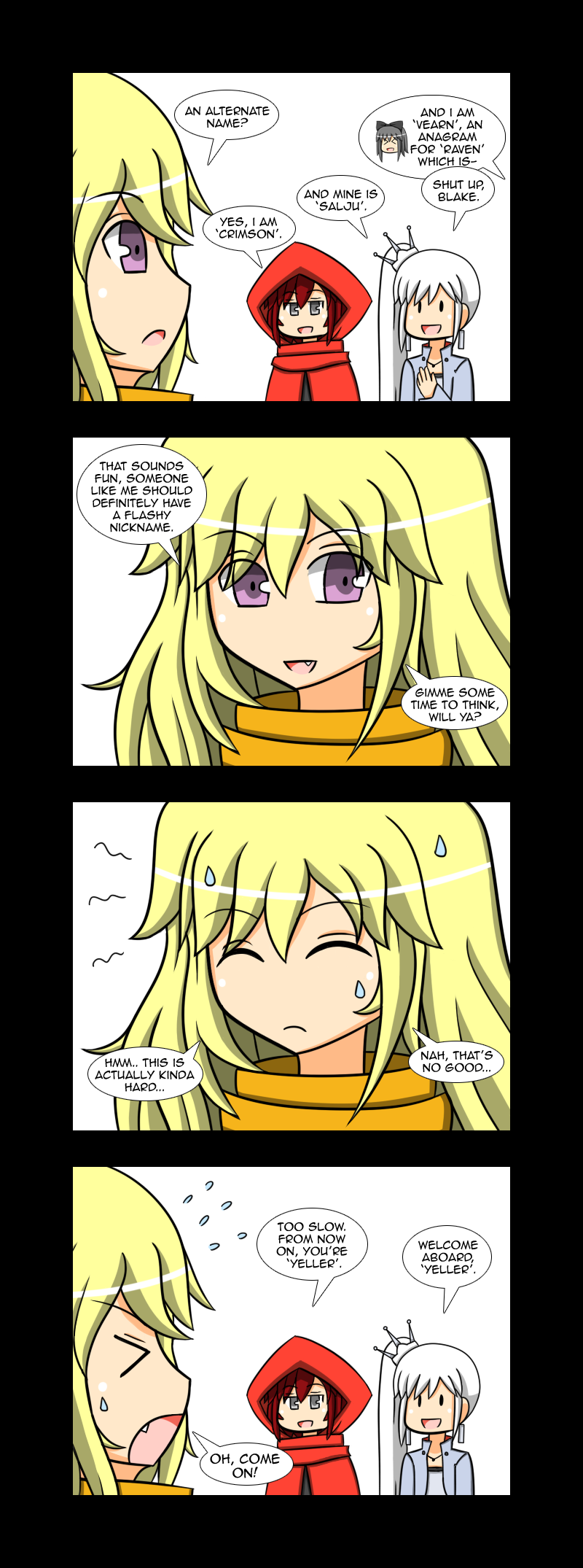 4koma blake_belladonna comic english fang grey_eyes highres lunarisaileron ruby rwby tagme violet_eyes weiss_schnee yang_xiao_long