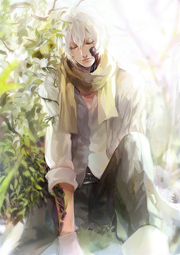 1boy android clear_(dramatical_murder) closed_eyes dramatical_murder mole otsukaresanpo plant scarf solo spoilers white_hair