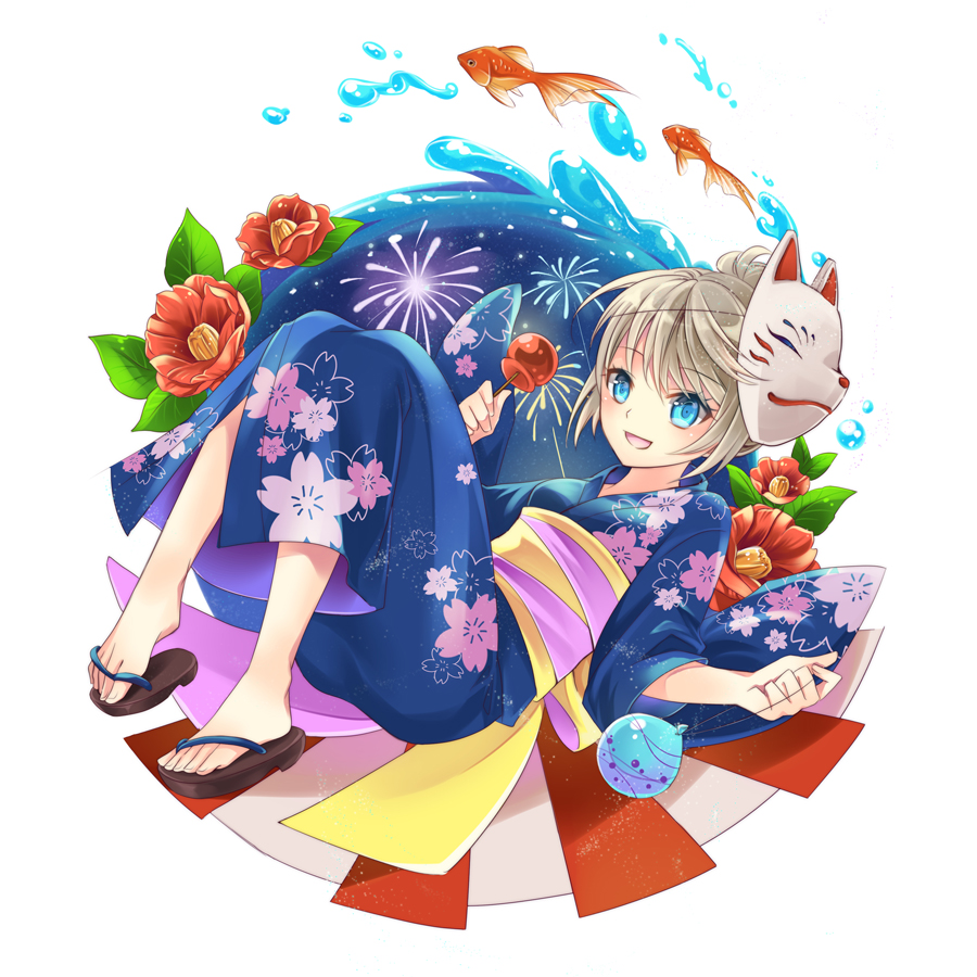 1girl blonde_hair blue_eyes feet fish flower japanese_clothes kimono mask minland4099 sandals short_hair simple_background smile solo toes water