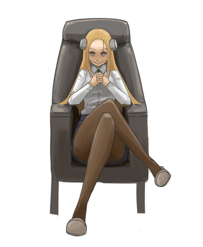 1girl black_sclera blonde_hair bolt chair crossed_legs franken_fran glasgow_smile justeeeeth long_hair madaraki_fran pantyhose red_eyes shirt sitting solo steepled_fingers stitches