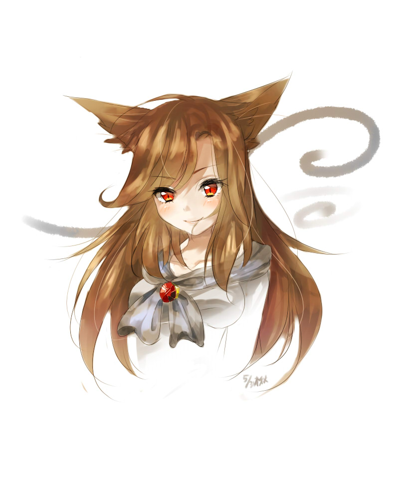 1girl animal_ears blush brooch brown_hair bust collarbone eyelashes hair_in_mouth hisagifuro imaizumi_kagerou jewelry lips long_hair looking_at_viewer red_eyes simple_background slit_pupils smile solo touhou white_background wolf_ears