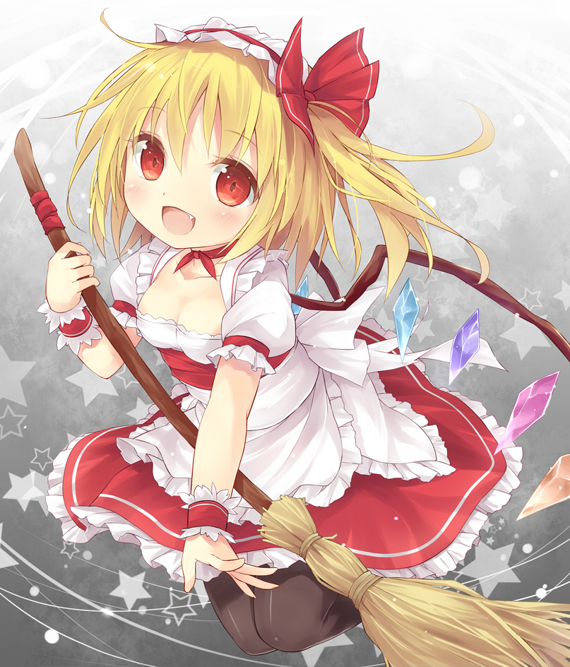1girl alternate_costume apron black_legwear blonde_hair breasts broom cleavage collarbone dress enmaided fang flandre_scarlet looking_at_viewer maid maid_headdress open_mouth pantyhose red_dress red_eyes ribbon_choker side_ponytail smile solo star tac423 touhou waist_apron wings wrist_cuffs
