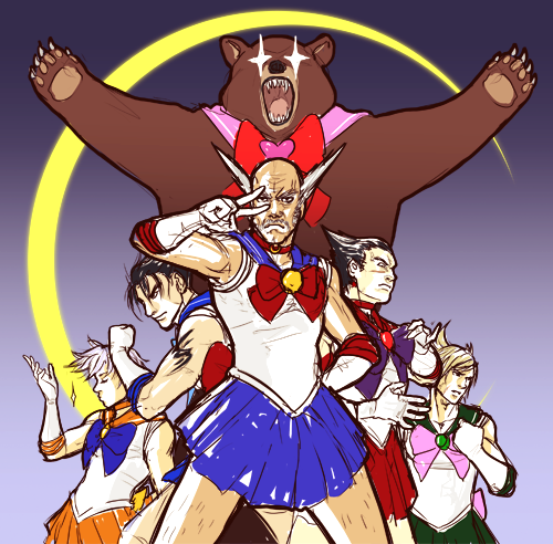 +_+ 5boys bald_spot bear bishoujo_senshi_sailor_moon black_hair blonde_hair cosplay crescent_moon crossdressinging elbow_gloves facial_hair gloves glowing glowing_eyes grey_hair hairy_legs jess_(jelee) kazama_jin kuma_(tekken) lars_alexandersson lee_chaolan lowres magical_girl mishima_heihachi mishima_kazuya moon multiple_boys mustache pointy_hair sailor_collar sailor_jupiter sailor_jupiter_(cosplay) sailor_mars sailor_mars_(cosplay) sailor_mercury sailor_mercury_(cosplay) sailor_moon sailor_moon_(cosplay) sailor_senshi sailor_senshi_(cosplay) sailor_venus sailor_venus_(cosplay) skirt skirt_lift tattoo tekken v_over_eye white_gloves white_hair