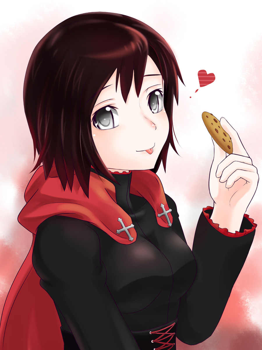 1girl :p black_eyes cape cookie cross dress food heart highres long_sleeves redhead ruby_(rwby) rwby short_hair solo tongue tongue_out