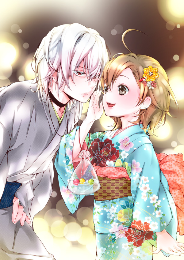 1boy 1girl accelerator ahoge alternate_costume bag brown_eyes brown_hair child choker floral_print flower hair_flower hair_ornament hairclip japanese_clothes kadaka_(9m) kimono last_order lights long_sleeves obi open_mouth red_eyes sash silver_hair smile to_aru_kagaku_no_railgun to_aru_majutsu_no_index wide_sleeves yukata