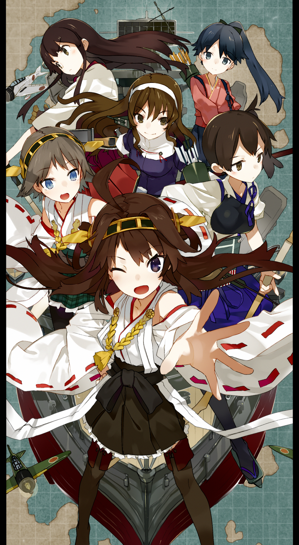 6+girls ahoge airplane akagi_(kantai_collection) arrow bare_shoulders blue_eyes blue_hair blush brown_hair character_request hair_ornament hairband headband hiei_(kantai_collection) highres houshou_(kantai_collection) kaga_(kantai_collection) kantai_collection karei_(hirameme) kongou_(kantai_collection) long_hair looking_at_viewer map multiple_girls muneate open_mouth outstretched_arm personification ponytail ship side_ponytail skirt smile
