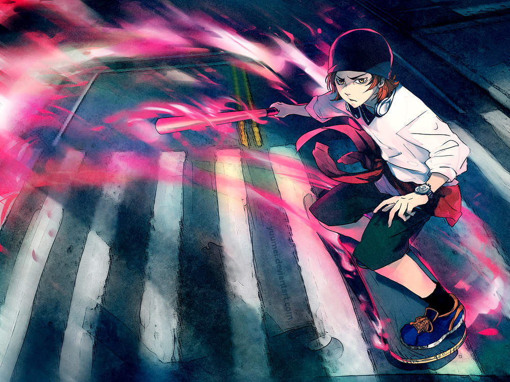 1boy baseball_bat beanie clothes_around_waist crosswalk energy hat headphones headphones_around_neck k_(anime) redhead short_hair skateboard solo wenqing_yan yata_misaki