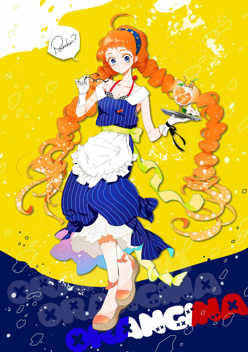 1girl ahoge apron blue_eyes braid breasts cleavage drink drinking_straw freckles french glasses glasses_removed gloves highres huge_ahoge long_hair messy_hair orange_hair orange_peel orangina original over-rim_glasses personification petticoat ribbon sandals semi-rimless_glasses socks solo tray twin_braids vertical_stripes very_long_hair waist_apron white_gloves