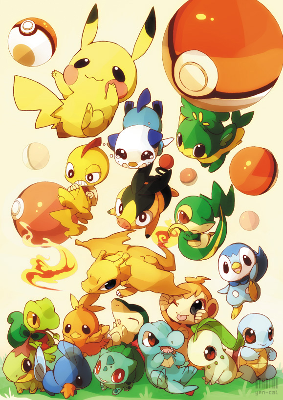 bulbasaur charizard charmander chikorita chimchar cyndaquil fire mudkip no_humans oshawott pansage pikachu piplup poke_ball pokemon pokemon_(creature) pokemon_(game) scraggy snivy squirtle tepig torchic totodile treecko turtwig viu