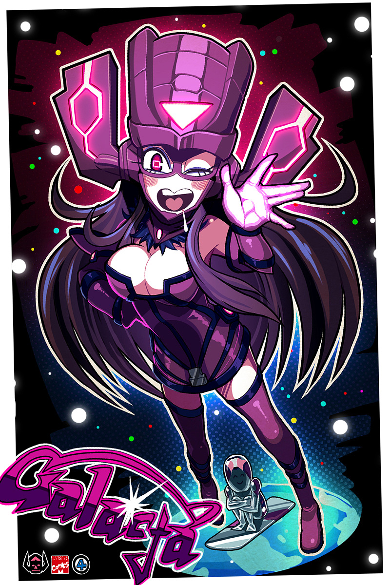 1girl ;) bare_shoulders blush_stickers boots breasts cleavage dress elbow_gloves galacta gashi-gashi giantess glasses gloves heart heart_in_mouth helmet highres large_breasts leg_hug long_hair marvel minidress open_mouth planet purple_hair silver_surfer smile solo_focus space strapless_dress thigh-highs thigh_boots very_long_hair violet_eyes wink zettai_ryouiki
