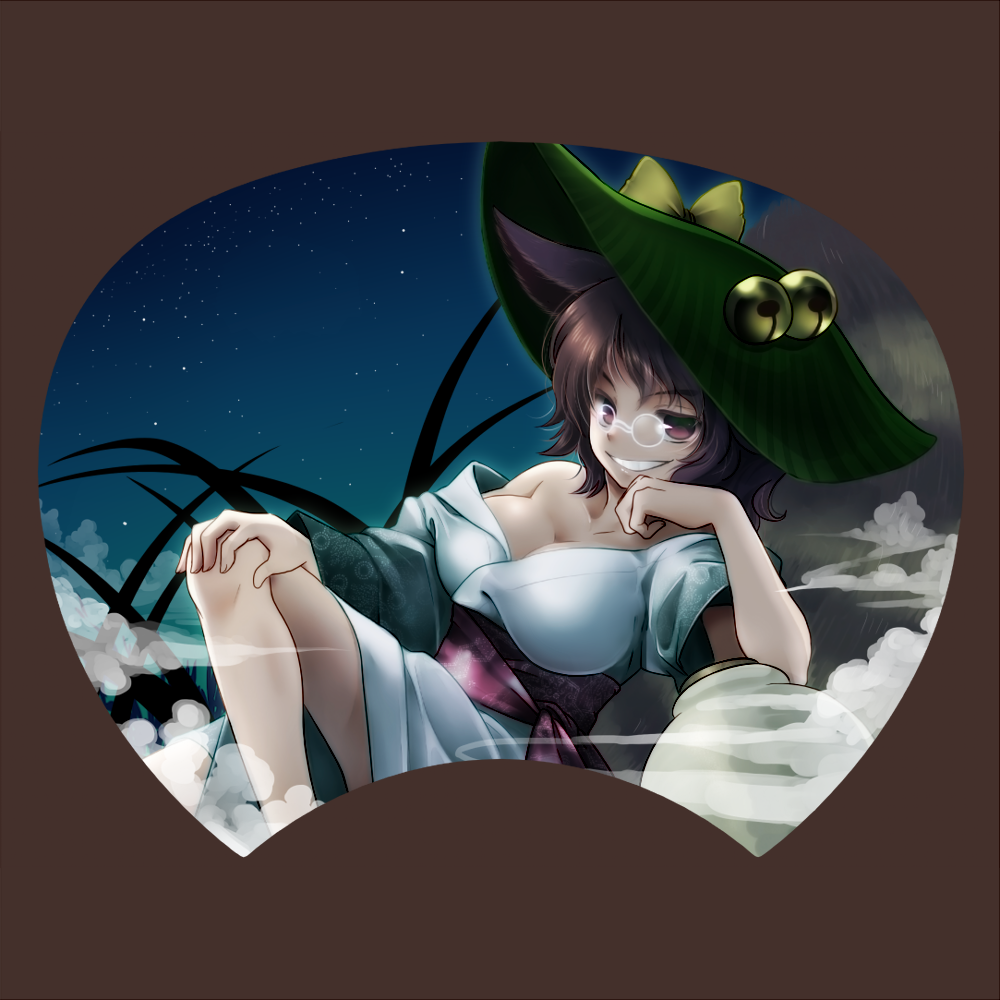 1girl animal_ears bare_shoulders bell breasts brown_background brown_hair cleavage futatsuiwa_mamizou glasses hand_on_knee hat japanese_clothes leaf looking_at_viewer pince-nez raccoon_ears red_eyes short_hair smile socha solo touhou