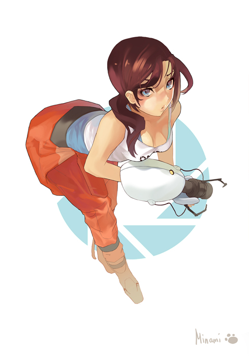 aperture_science_advanced_knee_replacement aperture_science_handheld_portal_device bent_over brown_hair chell jumpsuit long_hair minami-nyan portal portal_2 tank_top