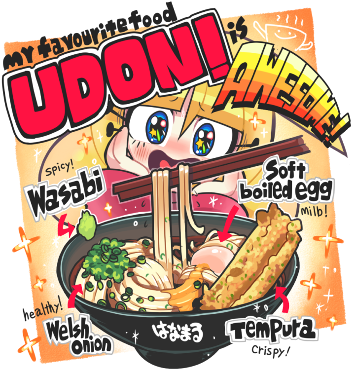 1girl blonde_hair blue_eyes blush bowl chopsticks egg eyelashes food gashi-gashi hands_on_own_face happy original sayaka-chan_(gashi-gashi) spring_onion tempura udon wasabi