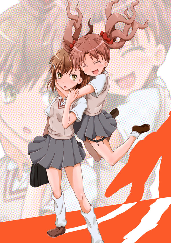 2girls bag brown_eyes brown_hair closed_eyes hug long_hair misaka_mikoto multiple_girls niita school_uniform shirai_kuroko short_hair to_aru_kagaku_no_railgun to_aru_majutsu_no_index twintails zoom_layer