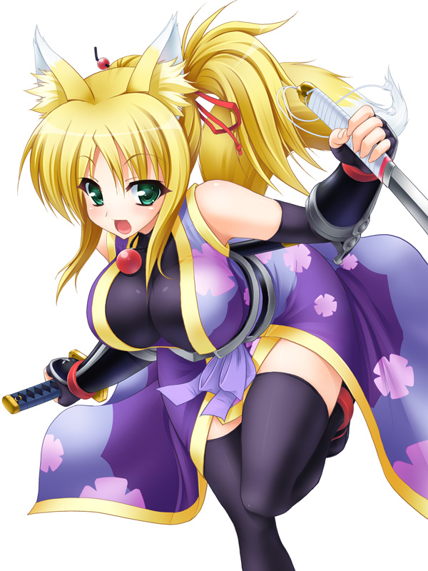 1girl animal_ears black_legwear blonde_hair blush breasts dog_days dual_wielding elbow_gloves female fingerless_gloves fox_ears fox_tail gessekai gloves green_eyes japanese_clothes katana large_breasts long_hair looking_at_viewer ponytail smile solo sword tail thigh-highs weapon yukikaze_panettone