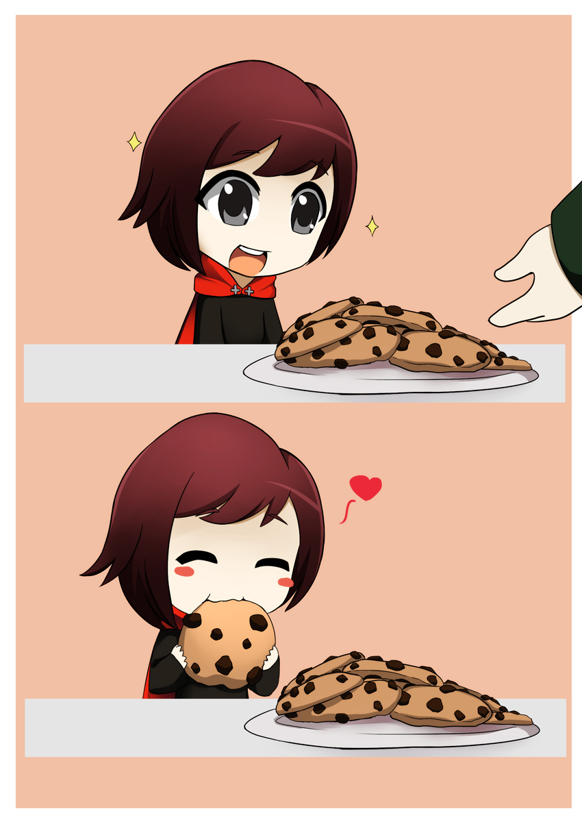 1girl blush cape chibi closed_eyes comic cookie cross eating food hands heart highres open_mouth plate redhead rouzille ruby_(rwby) ruby_rose rwby short_hair sparkle