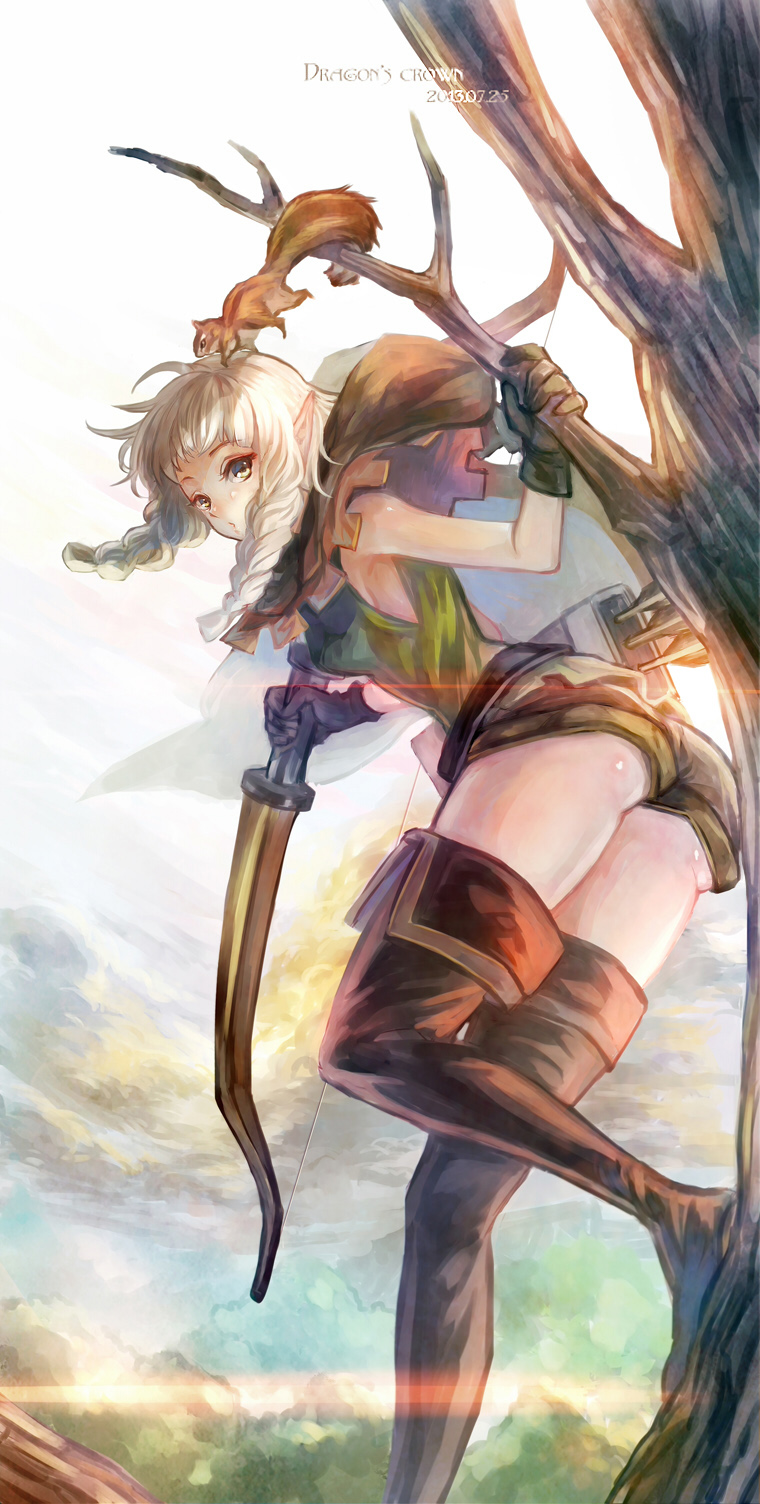 1girl boots bow_(weapon) braid dragon's_crown elf elf_(dragon's_crown) gloves highres nadir pointy_ears shorts thigh-highs thigh_boots twin_braids weapon
