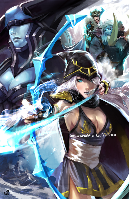 3girls armor arrow ashe_(league_of_legends) blue_eyes blue_lipstick blue_nails blue_skin boar bow_(weapon) breasts bristle cape cleavage cleavage_cutout covered_eyes dress fur_trim helmet helmet_over_eyes hood horned_helmet league_of_legends linda_yan lipstick lissandra long_hair makeup multiple_girls nail_polish pauldrons riding sash sejuani silver_hair weapon