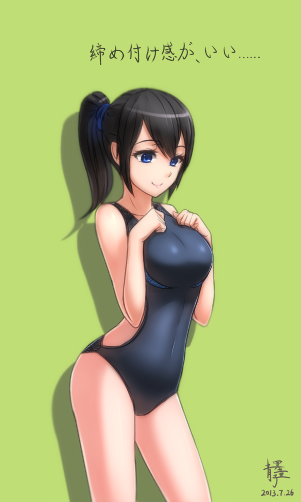 1girl black_hair blue_eyes blush breasts clothed_navel competition_swimsuit free! genderswap long_hair nanase_haruka_(free!) one-piece_swimsuit ponytail qingmingtongzi smile solo swimsuit translation_request