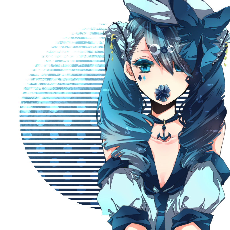 1girl aqua_eyes aqua_hair hair_over_one_eye hat hatsune_miku jewelry kumu necklace scrunchie solo twintails vocaloid