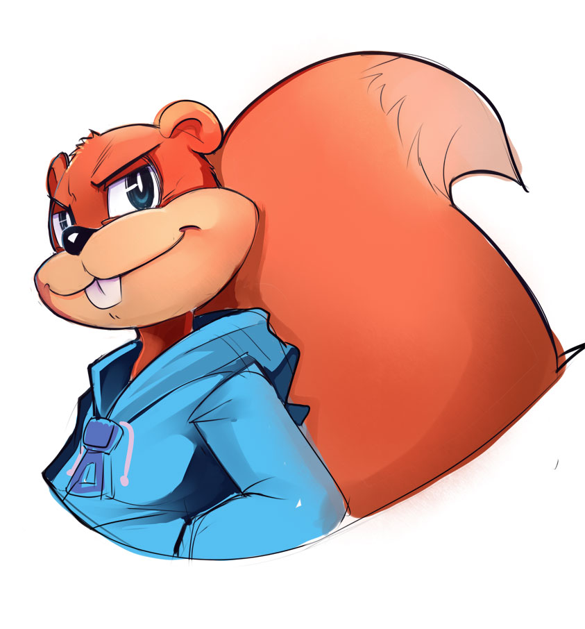 1boy animal_ears blue_eyes buck_teeth bust conker conker's_bad_fur_day conker_(series) hoodie no_humans sho-n-d solo squirrel squirrel_ears squirrel_tail tail