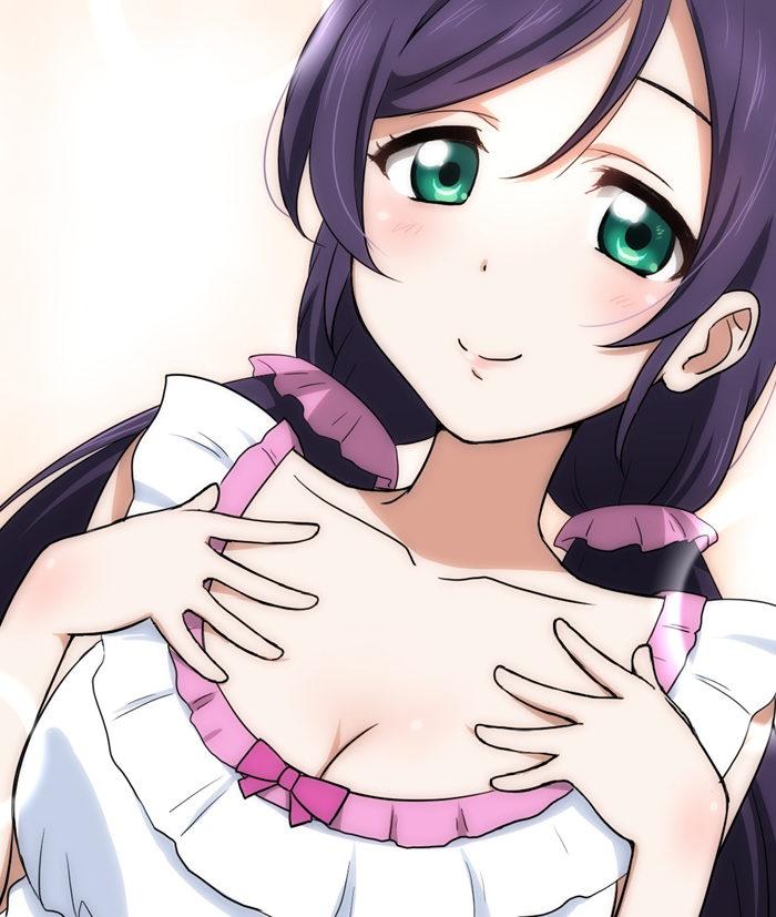 1girl bow breasts bust cleavage collarbone dutch_angle green_eyes hair_between_eyes ikari_manatsu long_hair looking_at_viewer love_live!_school_idol_project purple_hair smile solo toujou_nozomi twintails