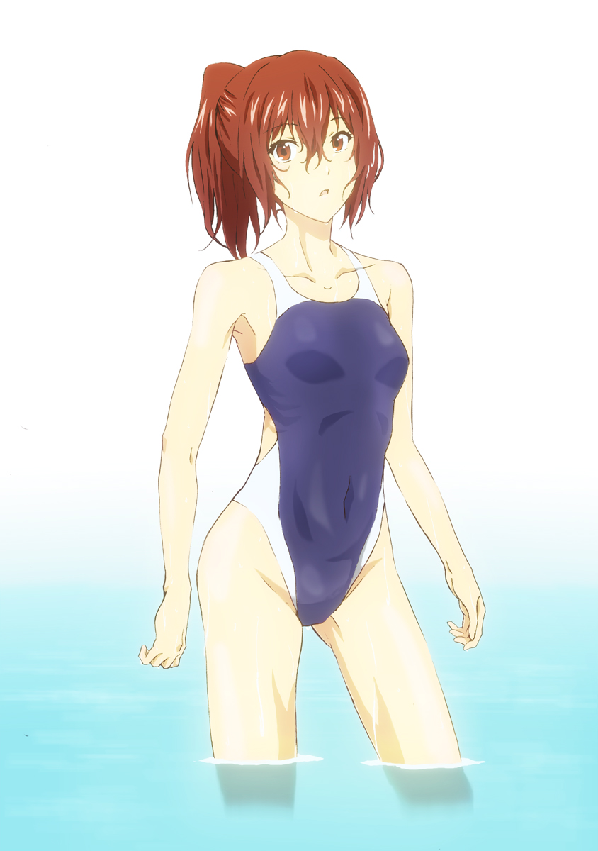 02akst 1girl competition_swimsuit feet_in_water free! highres long_hair matsuoka_gou one-piece_swimsuit ponytail red_eyes redhead soaking_feet standing swimsuit water