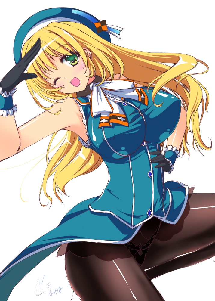 1girl atago_(kantai_collection) ayuha_magica black_gloves black_panties blonde_hair blush breasts gloves green_eyes hand_on_hip hat huge_breasts kantai_collection long_hair looking_at_viewer military military_uniform open_mouth panties panties_under_pantyhose pantyhose personification simple_background underwear uniform white_background wink