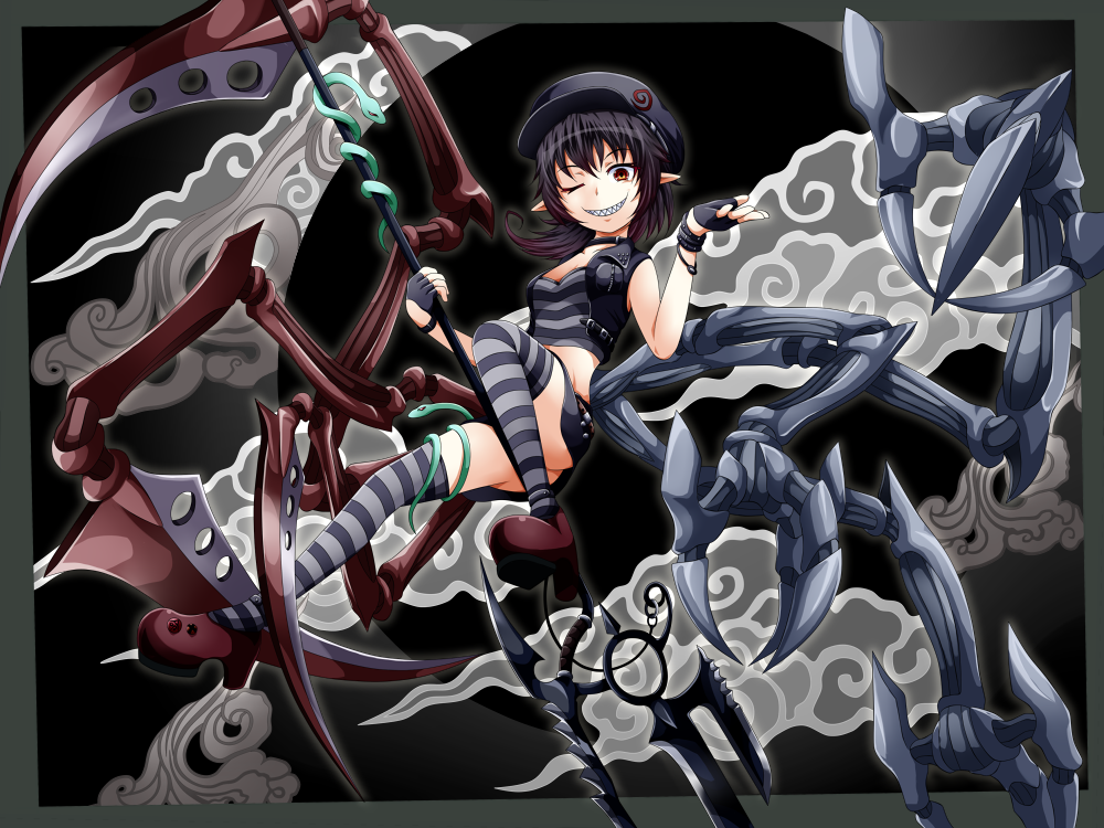1girl asymmetrical_wings black_background black_hair censored clouds convenient_censoring dress houjuu_nue multiple_girls ogawa-syou polearm red_eyes short_hair smile snake solo striped striped_legwear thigh-highs touhou weapon wings