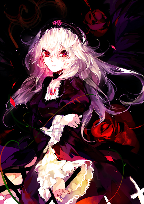 1girl dress flower frills gothic_lolita hairband lolita_fashion long_hair long_sleeves petals puffy_sleeves red_eyes rose rozen_maiden silver_hair solo suigintou wings
