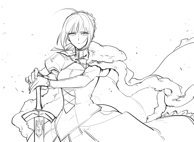 1girl ahoge cape dress fate/stay_night fate_(series) fur_trim hands_on_hilt juliet_sleeves lineart long_sleeves monochrome planted_sword planted_weapon puffy_sleeves saber solo sword weapon xplete