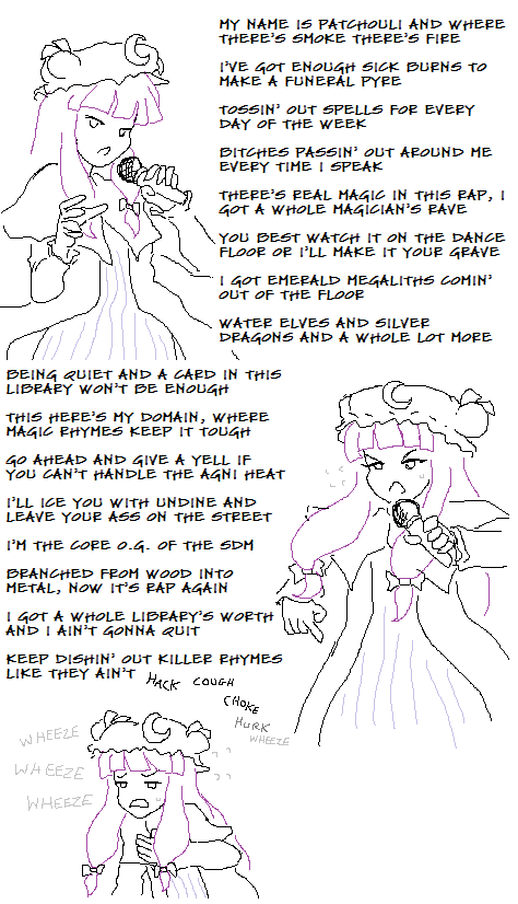 coughing crescent hat lowres microphone oekaki patchouli_knowledge purple_hair rap ribbon solo sweat touhou tumblr