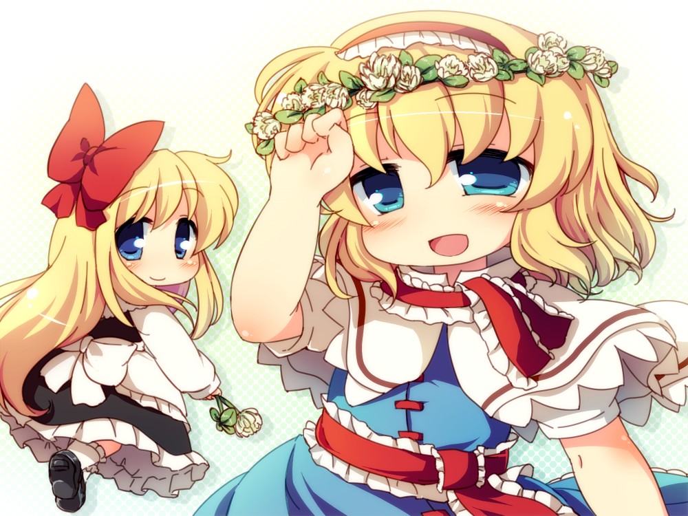 1girl alice_margatroid apron blonde_hair blue_eyes bow capelet dress flower gradient gradient_background hair_bow hairband hand_on_own_face head_wreath leaf lolita_hairband long_hair looking_at_viewer looking_over_shoulder matatabi_(nigatsu) open_mouth ribbon rose sash shanghai_doll short_hair simple_background smile solo touhou waist_apron white_rose