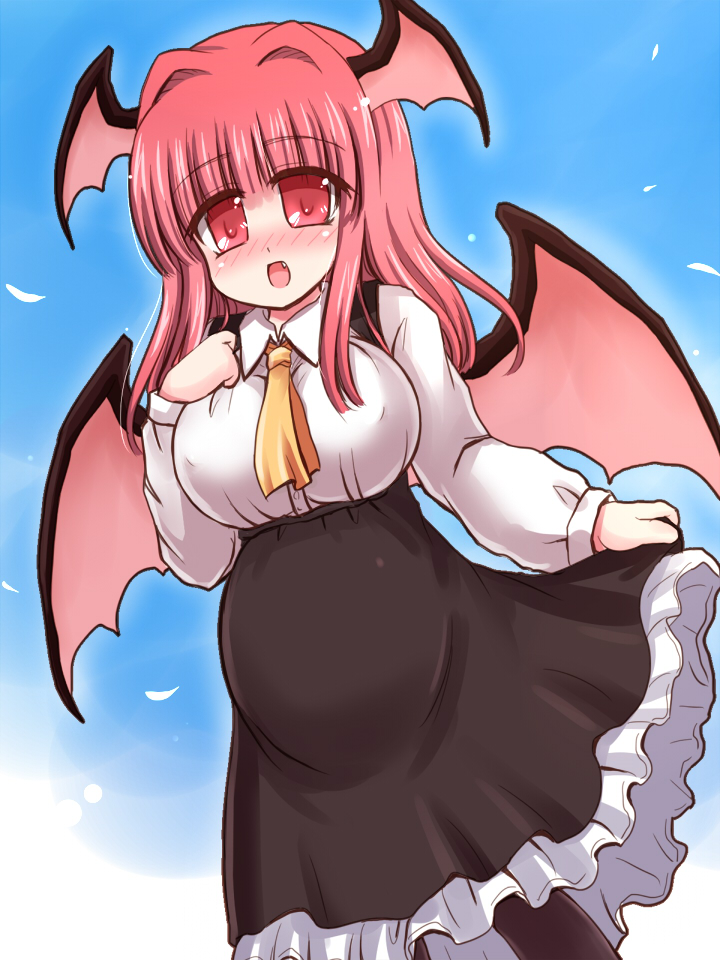 1girl bat_wings blush breasts head_wings koakuma long_hair open_mouth pregnant red_eyes redhead ry sky smile solo touhou wings